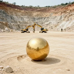 in the distance, in the center of a large sandy quarry, a large golden ball lies in the sand, a broken excavator and a man in military uniform standing nearby, stylization is a grainy photo, high quality, depth of sharpness, emphasis and focus on the golden ball