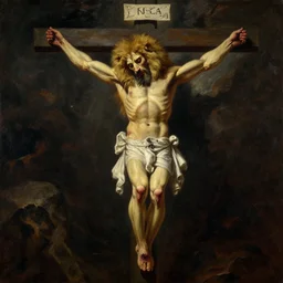 oversized muscular lion as  crucified angry christ the lord human bloody legs full body portrait pose , very textured detailed oil painting by rembrandt , hard backlight , in dark cave