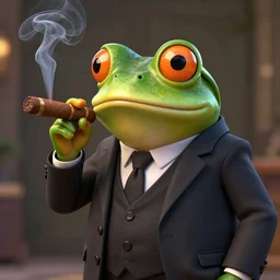 a high quality photo of an antropomorphic mafia frog wearing a suit smoking a cigar, 3d scene, render, ultra realistic, artstation, cgsociety