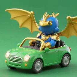 dragon fight vs knight driving a green car, knight in blue armor and wields a gold sword, manga, one piece