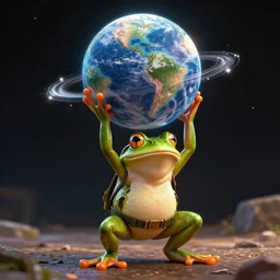 a soldier frog lifting a planet over its head, octane render, cinematic rendering, 8 k, octane, digital art, vivid colors, impressive