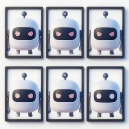 3 rows of 3 framed closeup face portraits of cute evil robots, in the style of mega man, as high - resolution pixel - art.