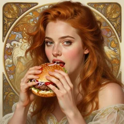 portrait of Rachel McAdams eating hamburgers, extra onions and ketchup, luscious patty with sesame seeds, feminine ethereal, handsome, D&D, fantasy, intricate, elegant, highly detailed, digital painting, artstation, concept art, matte, sharp focus, illustration, art by Artgerm and Greg Rutkowski and Alphonse Mucha