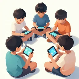 four asian kids sitting around each with digital devices, dramatic, top down, comic cover style, by guweiz and wlop and ilya kuvshinov and artgerm and makoto shinkai and studio ghibli, symmetrical eyes, aesthetic, gorgeous, stunning, alluring, attractive, artstation, deviantart, pinterest, digital art