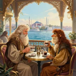 illustration of elrond and tom bombadil having a cup of turkish coffee in a coffee house overlooking the stunning view of the bosphorus strait in istanbul, cinecolor, ethereal, hypermaximalist, elegant, ornate, fantasy art, by john howe and alan lee, set designed by dan henah