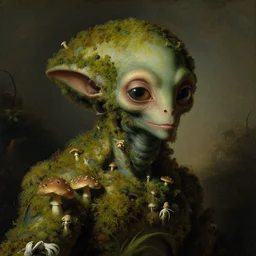 a close - up rococo portrait of an alien creature covered in moss, mushrooms, and swamp. 1 8 th century painting by jean - honore fragonard and moebius.