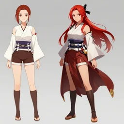 a fantasy female red haired kunoichi character design sheet, trending on artstation