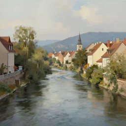 digital art painting of a river running through a european town, very mediocre, not detailed at all.