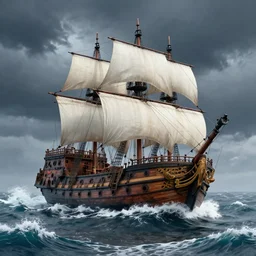 realistic galleon ghost ship on the high seas with stormy big waves, art by james o barr, woodblock print, steel engraving, black and white, vector, vector art