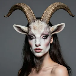 Juliana Awada in Elaborate Pan Satyr Goat Man Makeup and prosthetics designed by Rick Baker, Hyperreal, Head Shots Photographed in the Style of Annie Leibovitz, Studio Lighting