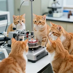 1 9 8 0's color photo, cute orange cats, supervising laboratory mechanical experiments