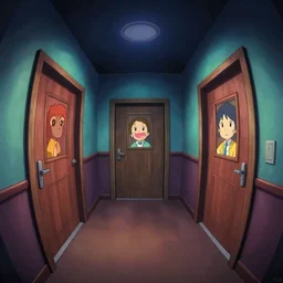 dimly lit, theater access corridor background, 3 doors, day of the tentacle style, fish eye, by Makoto Shinkai and Wojtek Fus, by studio trigger, rossdraws, ambient occlusion, clean lineart and color, vibrant