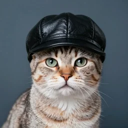 a cat wearing a black leather hat, frontal view, cool looking