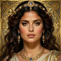 Salma Hayek  as a Greek Goddess, beautiful detailed eyes, cute, fantasy, intricate, elegant, highly detailed, digital painting, 4k, HDR, concept art, detailed jewelry, smooth, sharp focus, illustration, art by Artgerm, H R Giger and Alphonse Mucha