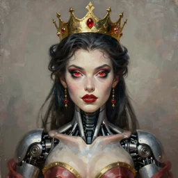 attractive i robot demon queen with crown and red eyes, painting by gaston bussiere, craig mullins, luis rollo, torso portrait, digital painting, highly detailed, artstation, sharp focus, illustration, concept art, hd