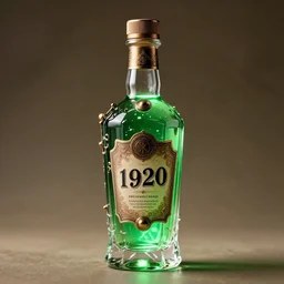 product photo of a burning luxury decorated steampunk crystal liquor bottle filled with green glowing liquid, label is retro 1 9 2 0, studio light