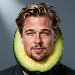 the face of brad pitt in the middle of an avocado