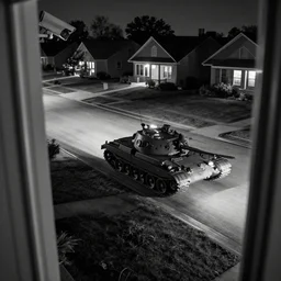 cctv footage of a tank driving past a suburban neighbhoorhood, realistic, highly detailed, black and white, at night, taken on a security cctv camera, taken from the view of a house door.