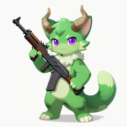 anthropomorphic cat fursona, green fur, purple eyes, large horns, holding an ak 4 7 gun, trending on furaffinity