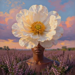 closeup, large flower under head, an african woman in heather field, surreal photography, golden hour, colorful clouds, impressionist painting, digital painting, artstation, simon stalenhag