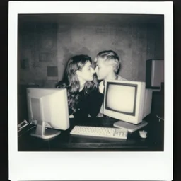 a black and white photograph of computers in love, in the style of m c escher, by egon schiele, film photography, polaroid photo, surreal, soft lighting