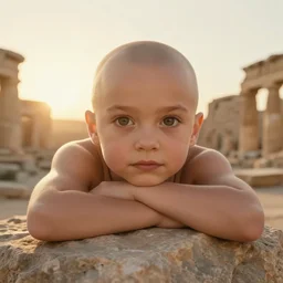 cute face portrait of muscled Mila Kunis with no hair chilling on a rock, sun down golden hour , ancient ruins,  sun ray prisms through wind swept saturated pollen, intricate, highly detailed, epic vista, very crispy, Ralph Horsley, Daniel F. Gerhartz, Artgerm, Boris Villajo, Lilia Alvarado