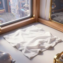 top down angled close up photo of white sheets lying cozily on the clean floor near a corner window in a futuristic bedroom from overwatch and oblivion movie, by wlop by jungyeonmin and james jean jhonseru jsezz artstation and greg rutkowski, with some wood and gold details, biomechanical, lens orbs, global illumination, with a window overlooking a cyberpunk metropolis, lounge, architectural, volumetric lighting, granular detail, japandi, hyperrealist, micro details, blender, vray