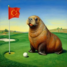 surrealist painting of a walrus playing golf, salvador dali,