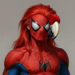 portrait of a young spiderman handsome but joyful anthropomorphic parrot, male, masculine, upper body, red hair, long hair, d & d, fantasy, fierce, sharp features, intricate, elegant, highly detailed, digital painting, artstation, concept art, matte, sharp focus, illustration, art by artgerm and greg rutkowski and alphonse mucha