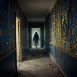 in this ominous scene, we see a long twisting corridor leading to a door with light spilling beneath it, a mysterious ghostly figure passes through old wallpaper, art by bernie wrightson, foreboding, creepy, dusty, abandoned, colorful, blue and gold color scheme