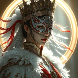 art by artgerm and greg rutkowski and ruan jia. a lonely elegant and grace female boss in elden ring. magic card art. sunny. rim light!! renaissance noble costume, masked!! feathers, sharp edges, stage light. shining crown, sense of awe. delicate features. white, red and golden. ultra realistic. ultra clear detailed