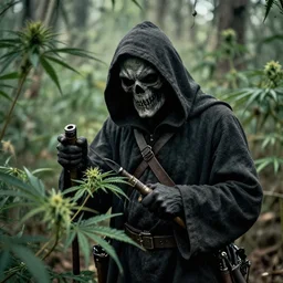 grim reaper in cannabis forest, ww1 photo, grainy, high detail, high resolution,