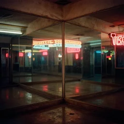 1 9 7 0 s hall of mirrors, neon lights, dirty, ektachrome photograph, volumetric lighting, f 8 aperture, cinematic eastman 5 3 8 4 film