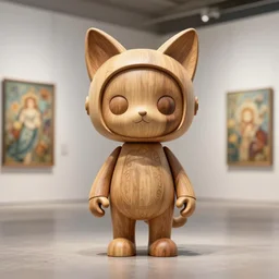 3 d octane render ultra 8 k photorealistic hyper detailed, trending on cgsociety, in a contemporary art gallery, lossless quality, wooden sculpture on feet art toys, a very cute mystical robot of the bohemian with cats ears, by alphonse mucha