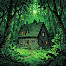 a mysterious house in a mysterious lush forest, design by robert crumb