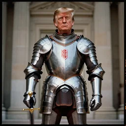 photo of donald trump, kodak portra 4 0 0, wearing knight ’ s armor, two arms, two legs, symmetrical face, donald trump ’ s face, donald trump, donald trump holding a mythical sword, highly detailed