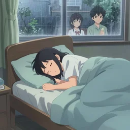 girl sleep in a cozy room - poster by wlop, kiyohara tama, krenz cushart, masamune shirow, makoto shinkai. rainy weather. featured on pixiv, anime aesthetic, pixiv, anime, warm aesthetic, cold tones, artstation, vanitas, official art, gothic, noise film photo. detailed face