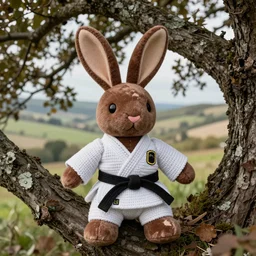 a soft chocolate plush rabbit hand stitched with love and showing signs of years of wear and tear now sat alone wearing an old crochet karate uniform beneath an old oak tree above a small valley, photography, photorealistic, national geographic