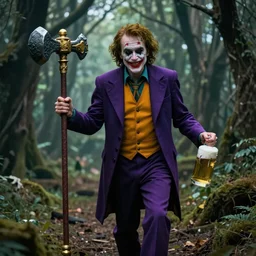 robert de niro as medieval joker, crazy colorful clothing with a heavy golden mace in his left hand and a beer jug in his right hand, wandering through a forbidden forest, trending on artstation, 8k hyperrealistic, style of peter mohrbacher, octane render, unreal engine