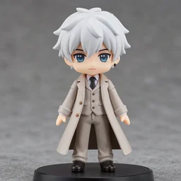 nendoroid aziraphale from good omens, good omens tv series, white curly short hair, beige suit, long coat, michael sheen