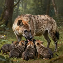 photo of a hyenagirl feeds puppies in the forest, highly detailed, digital painting, artstation, smooth, sharp focus, illustration, art by artgerm and greg rutkowski and alphonse mucha
