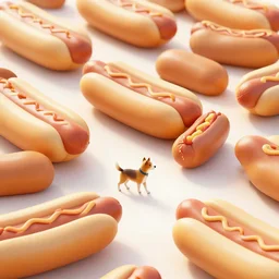 a dog exploring a massive world of giant hotdogs, dramatic, digital art