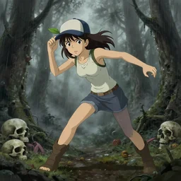 clementine with baseball hat from the walking dead, skulls, creepy forest, foggy, raining dynamic pose, grey cloudy weather, in illustration concept art lotr anime key visual fine detail features gapmoe kuudere trending pixiv by victo ngai fanbox by greg rutkowski makoto shinkai takashi takeuchi studio ghibli