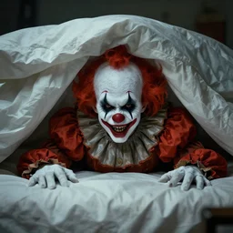 scary clown hiding under bed highly detailed, 8 k, hdr, smooth, sharp focus, high resolution, award - winning photo