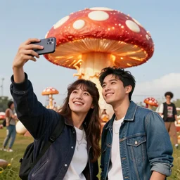 2 influencers taking a selfie while an atomic mushroom explodes in the background, 4 k, detailed, realistic, iphone