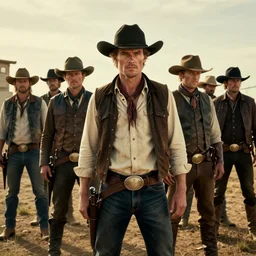 photorealism of in the style of the video blade runner, western setting, billy the kid and the gang posing, photorealistic, hyper realistic, realistic, cinematic, dramatic, trending
