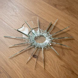 shattered glass on a wooden floor
