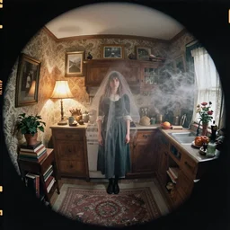 kodak portra 4 0 0, wetplate, fisheye, award - winning portrait by britt marling, 1 8 8 0 s kitchen, ghost, picture frames, shining lamps, dust, smoke, 1 8 8 0 s furniture, wallpaper, carpet, books, muted colours, wood, fog, plants, flowers