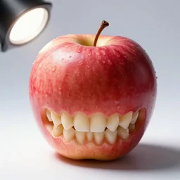 photo still of an apple with human teeth, 8 k, studio lighting bright ambient lighting key light, 8 5 mm f 1. 8