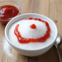 A bowl of sugar with ketchup on it